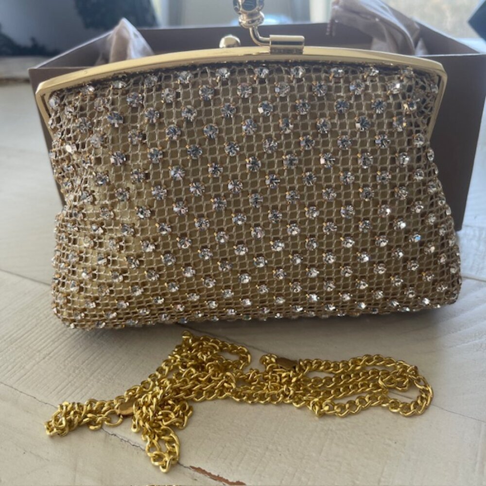 MENBUR GOLD CRYSTAL MESH CLUTCH SMALL SHOULDER BAG #12721-36 NWB - Picture 4 of 15